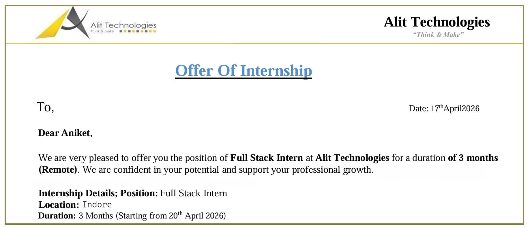 Internship Offer Letter